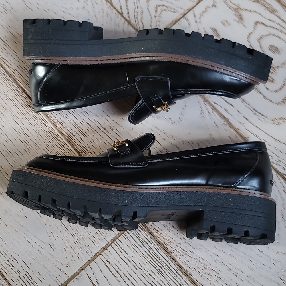 Sam Edelman Laurs Black Patent Platform Lug Sole Loafers 7.5 Gold Buckle - Picture 11 of 14